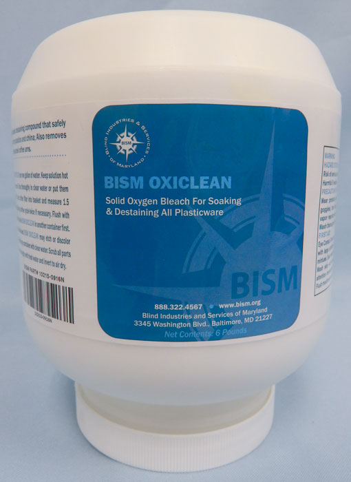 white jar with bright blue label - BISM OXICLEAN
